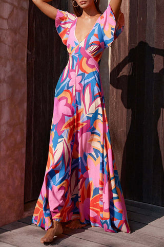 Sexy Urlaub Blumen Rückenfrei Volant V-Ausschnitt Strandkleider 