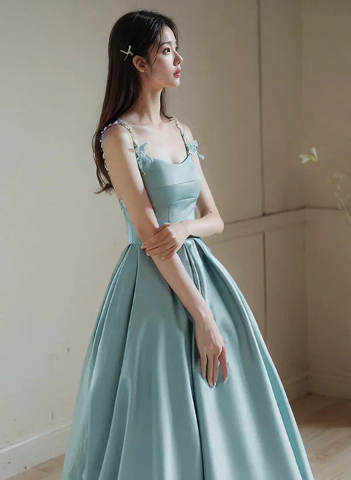 A-Line Satin Beaded Straps Long Evening Dress Ballgown Satin Prom Dress With Sweep Train
