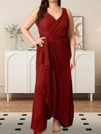 A-Linien-Kleid mit V-Ausschnitt, Raffungen und metallisch schimmerndem Netzstoff