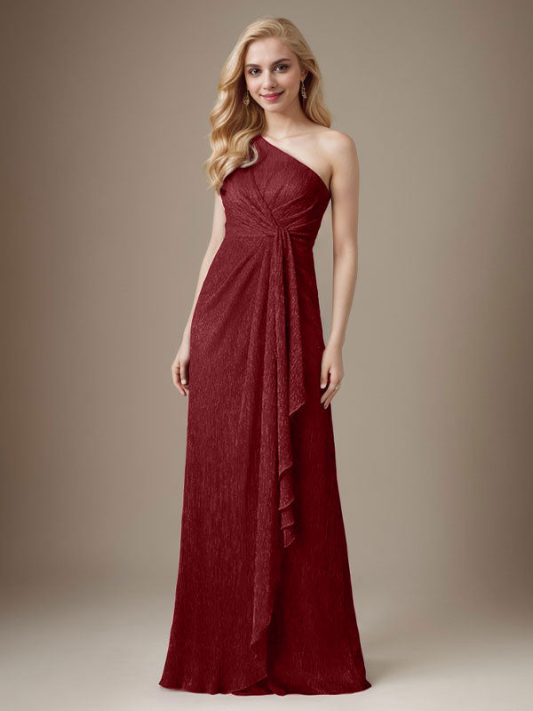 Rubinrotes Etuikleid mit One-Shoulder-Schulter und Metallic-Mesh-Optik, Brautmutterkleid
