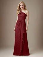 Rubinrotes Etuikleid mit One-Shoulder-Schulter und Metallic-Mesh-Optik, Brautmutterkleid