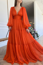 Chiffon Floor Length Prom Dress, Long Sleeve Evening Party Dress