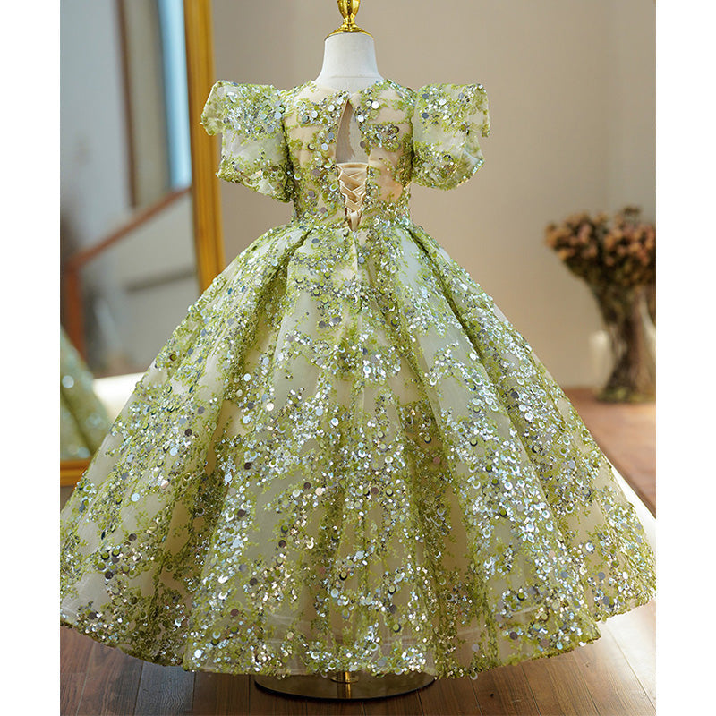 Ballkleider für Kleinkinder, Blumenmädchen-Kommunionkleid, Sommerkleid, grünes Pailletten-Mesh-Kleid, Prinzessinnenkleid 