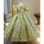 Ballkleider für Kleinkinder, Blumenmädchen-Kommunionkleid, Sommerkleid, grünes Pailletten-Mesh-Kleid, Prinzessinnenkleid 