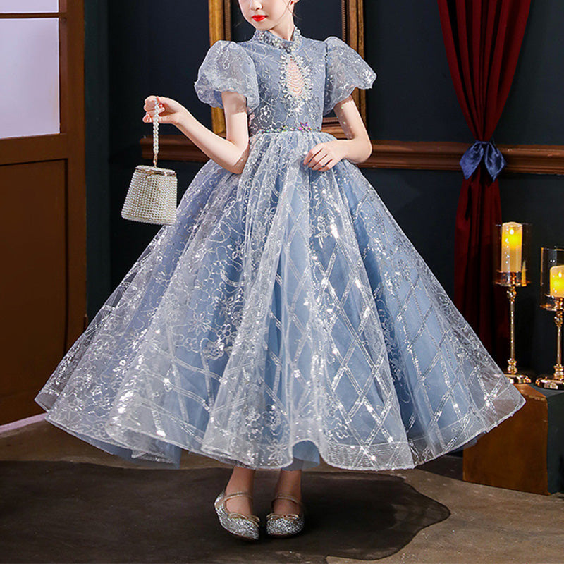 Flower Girl Dress Children First Communion Elegant Fluffy Sequins Plaid Princess Dress
