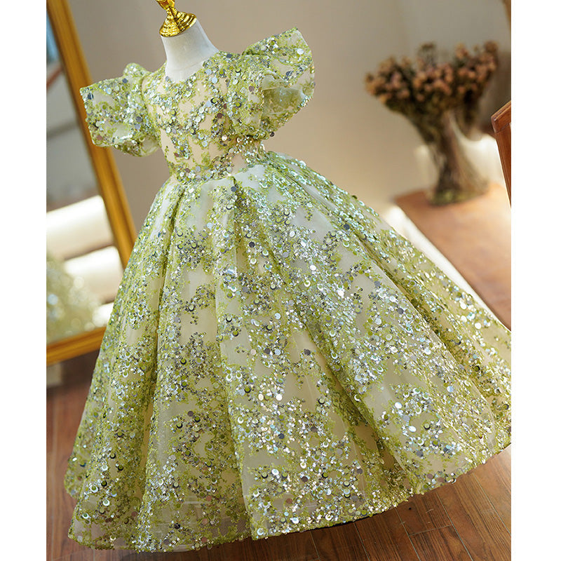 Ballkleider für Kleinkinder, Blumenmädchen-Kommunionkleid, Sommerkleid, grünes Pailletten-Mesh-Kleid, Prinzessinnenkleid 