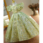 Ballkleider für Kleinkinder, Blumenmädchen-Kommunionkleid, Sommerkleid, grünes Pailletten-Mesh-Kleid, Prinzessinnenkleid 