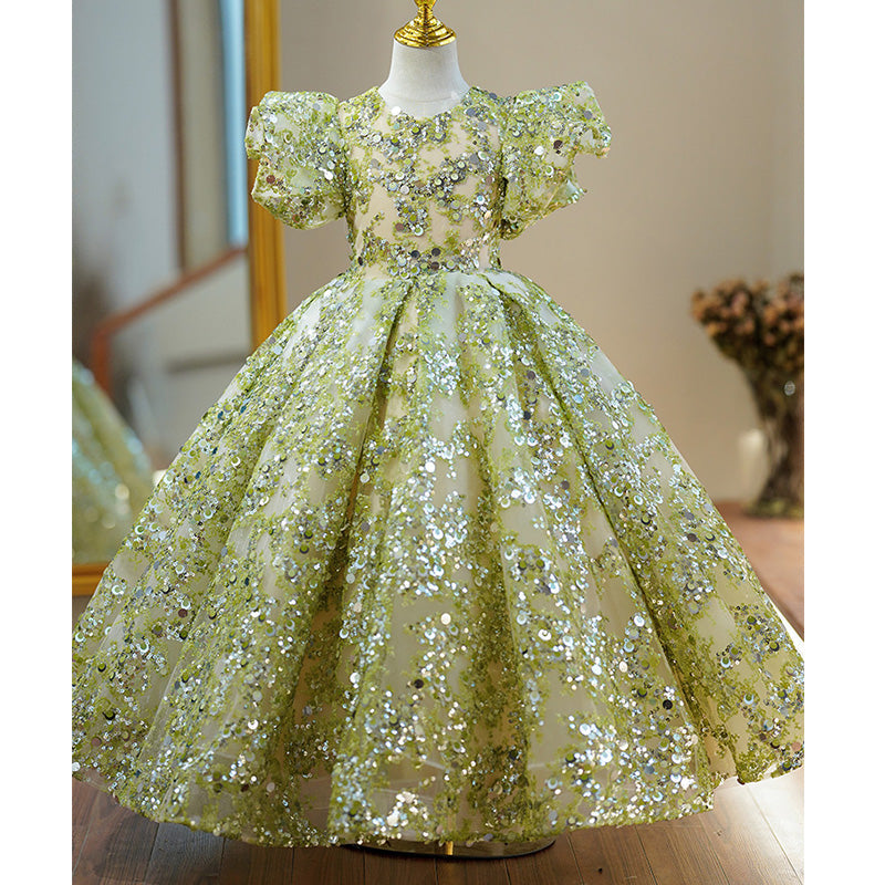 Ballkleider für Kleinkinder, Blumenmädchen-Kommunionkleid, Sommerkleid, grünes Pailletten-Mesh-Kleid, Prinzessinnenkleid 