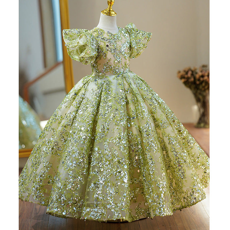 Ballkleider für Kleinkinder, Blumenmädchen-Kommunionkleid, Sommerkleid, grünes Pailletten-Mesh-Kleid, Prinzessinnenkleid 