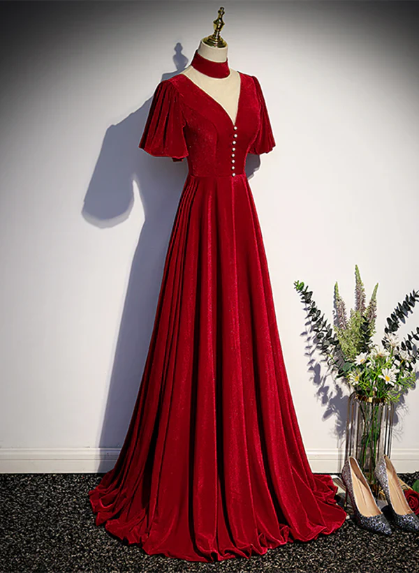 A-Linien-Partykleid aus Samt mit hohem Ausschnitt, kurzen Ärmeln, Samt-Abschlussballkleid