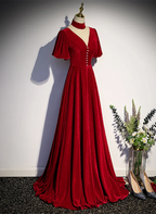 A-Linien-Partykleid aus Samt mit hohem Ausschnitt, kurzen Ärmeln, Samt-Abschlussballkleid