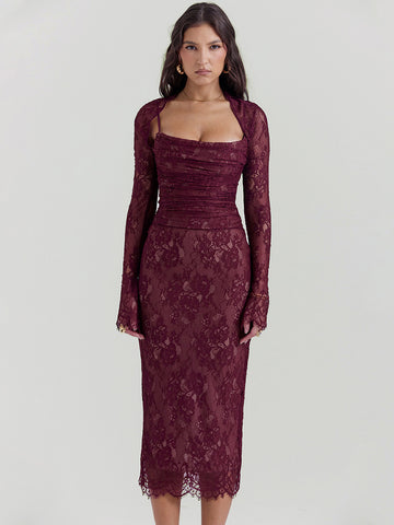 Figurbetontes Kleid aus Spitze, verstellbarer Spaghettiträger, Schnürung, sexy Party-Midikleider 