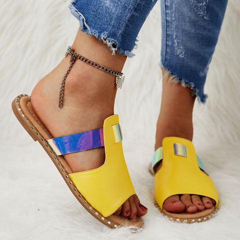 Bunte, offene Zehenpartie zum Hineinschlüpfen, flache Hausschuhe, Slide-Sandalen 