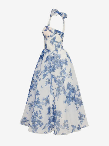 Vestido midi elegante de fiesta con tirantes finos y estampado floral en color azul cielo claro con corsé y corte en A 