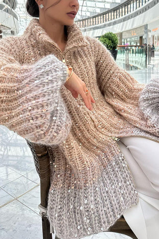 Warme, glänzende Herz-Strickjacke mit Pailletten, Ballonärmeln, Reißverschluss am Hals und lockerem Schnitt 