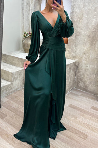 Love Me Tonight – Maxi-Abendkleid aus Satin mit Ballonärmeln und Rüschen 