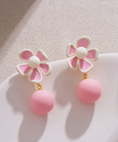Cute Pink Alloy Floral Pearl Drop Earrings