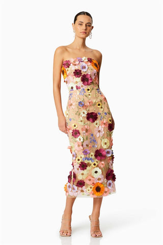 Vestido midi sin tirantes con bordado floral Belle 