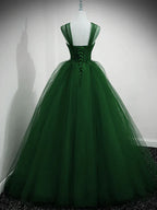 Vestido de fiesta largo de tul con cuentas y hombros descubiertos, vestido de fiesta de tul de corte A, vestido de baile, vestido de quinceañera