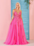 Vestido de fiesta largo de encaje rosa con escote en V y corte A
