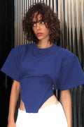 Chic Solid Wide Shoulder Tie Waist Elbow Sleeve T-shirt