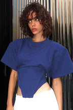 Chic Solid Wide Shoulder Tie Waist Elbow Sleeve T-shirt