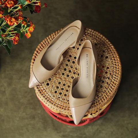 French versatile pointed Mary Jane shoes women's flat bottomed flat heels shallow cut patchwork mesh red single shoes