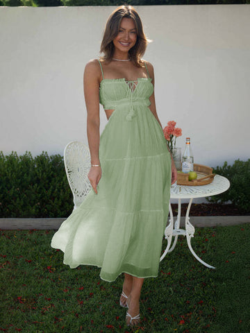 Vestido blanco con tirantes finos escalonados, aberturas y cordones, vestidos midi informales de verano 