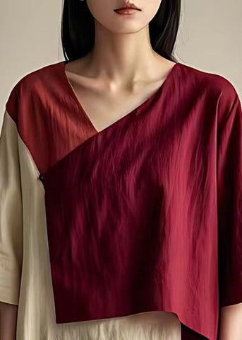 Französisches, weinrotes, asymmetrisches Patchwork-Baumwolltop mit Armbandärmeln 