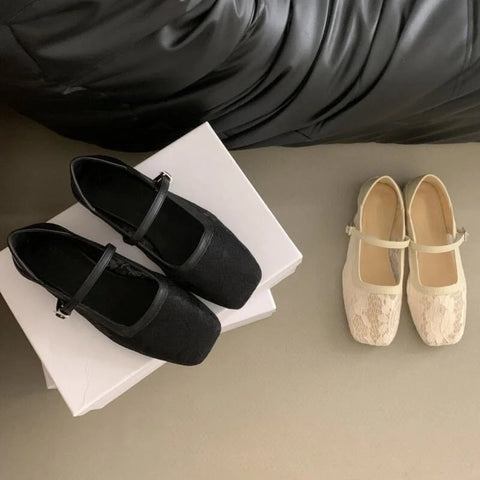 Lace Mary Jane Flats Shoes Women Summer Square Toe Mesh Shallow Shoes Buckle Strap Ballet Footwear Comfort Moccasins Shoes