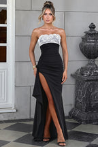 Chic Lace Trim Strapless Bodycon Slit Maxi Dress