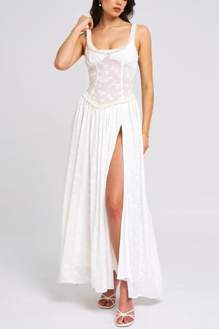 Vestido largo Ulissa verde claro con escote cuadrado, textura jacquard y abertura alta 