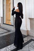 Off Shoulder Lace Flare Sleeve Fitted Train Elegant Maxi Dress