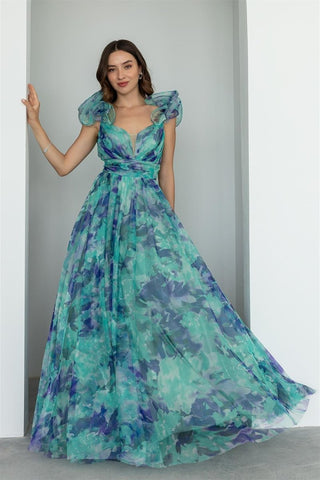 Dana Printed Ruffle Chiffon Maxi Dress