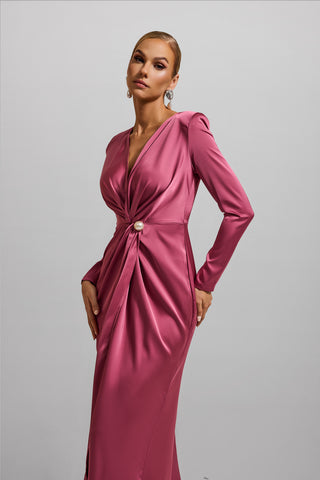 Solid Satin Faux Pearl Knotted Midi Dress