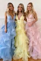 A-line V Neck Cascading Ruffles Long Prom Dress