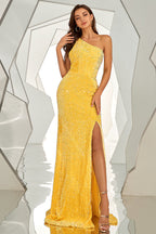 Meerjungfrauen-Abendkleid mit One-Shoulder-Schnitt, rosa, Pailletten