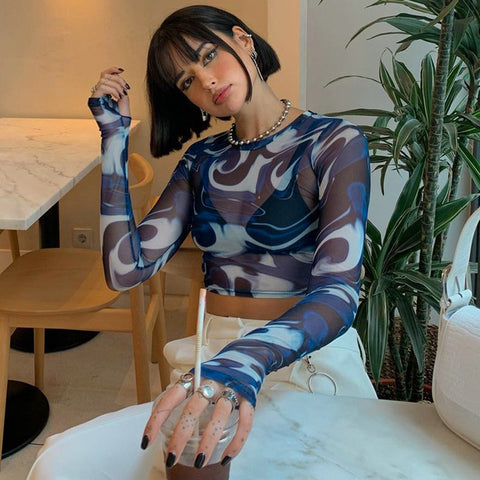 CUTENOVA Top corto sexy Y2K Vintage Harajuku con estampado gráfico de malla transparente, camiseta de manga larga acampanada, corte entallado, ropa estética para mujer 
