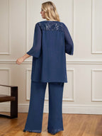 Zweiteiliger Jumpsuit/Hosenanzug, bodenlanges Chiffon-Kleid mit Spitze und Pailletten für die Mutter der Braut