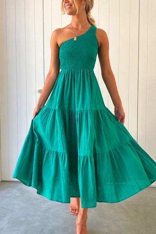 Meridress One Shoulder Sleeveless Smocked Ruffle Tiered Maxi Dress