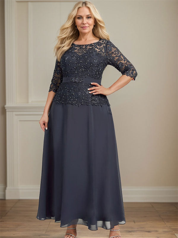 A-Linien-Kleid mit U-Boot-Ausschnitt, Illusion-Detail, knöchellang, aus Chiffon und Spitze mit Strassperlen für die Mutter der Braut. 