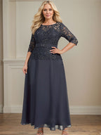 A-Linien-Kleid mit U-Boot-Ausschnitt, Illusion-Detail, knöchellang, aus Chiffon und Spitze mit Strassperlen für die Mutter der Braut. 