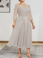 A-Linien-Kleid mit U-Boot-Ausschnitt, Illusion-Detail, Teelänge, Chiffonspitze, Perlenstickerei und Pailletten für die Mutter der Braut