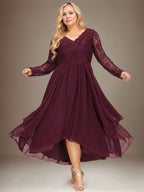 A-Linien-Kleid aus Chiffon mit V-Ausschnitt und asymmetrischer Spitze für die Mutter der Braut