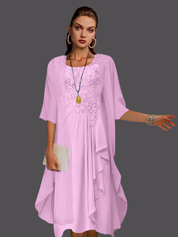 Zweiteiliges, ärmelloses A-Linien-Kleid aus Chiffonspitze mit Faltenapplikationen 