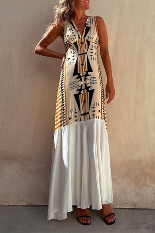 Vestido largo Meridress con cuello en V, sin mangas y estampado de empalme