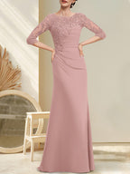 A-Linien-Kleid aus Chiffon und Spitze in Bodenlänge für die Mutter der Braut mit Perlenstickerei, Falten und Pailletten