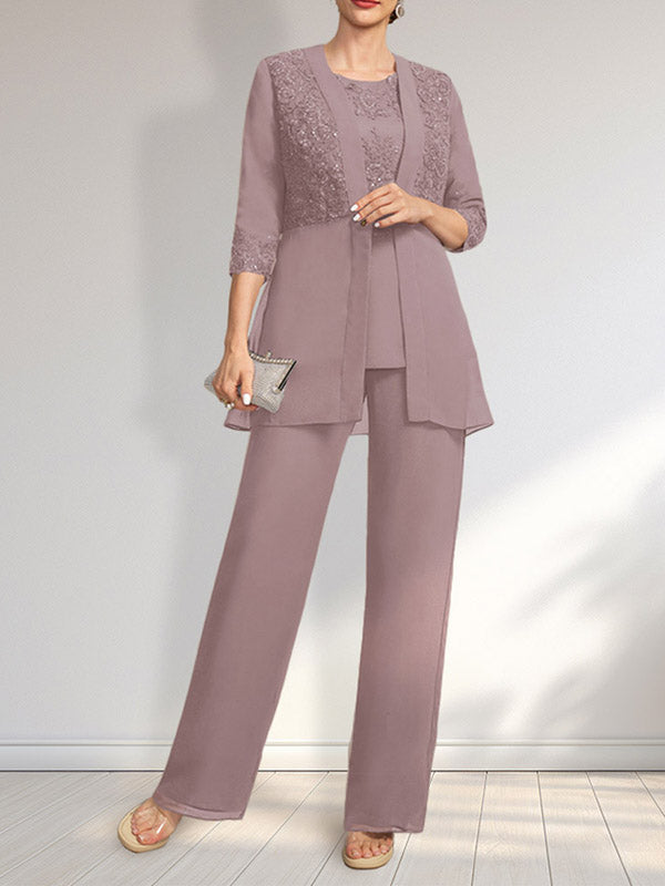 Jumpsuit/Hosenanzug-Set, bodenlanges Chiffon-Spitzenkleid mit Pailletten für die Mutter der Braut mit Rundhalsausschnitt