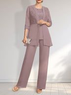 Jumpsuit/Hosenanzug-Set, bodenlanges Chiffon-Spitzenkleid mit Pailletten für die Mutter der Braut mit Rundhalsausschnitt