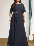A-Linien-Kleid aus Chiffon in Bodenlänge für die Mutter der Braut mit kaskadenartigen Rüschen, Perlen und Pailletten